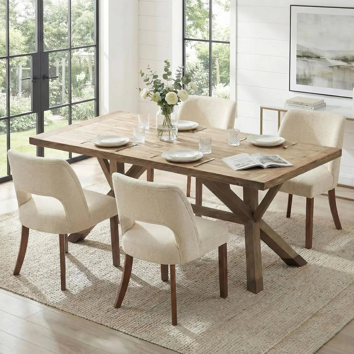 Frame Wooden Dining Chairs Set Of 4 Mid Century Modern Upholstered Rubberwood