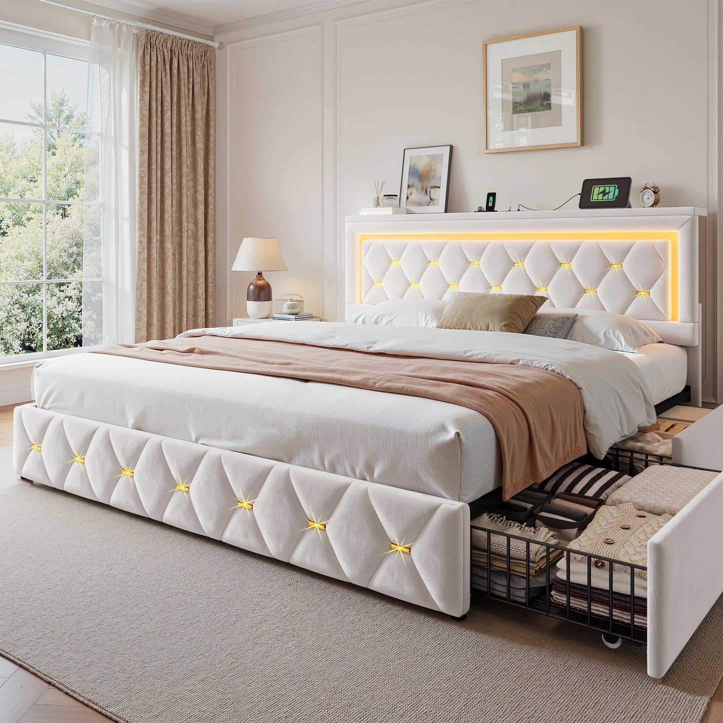 EnHomee LED Platform Bed Frame With Four Storage Drawers And Charging Station