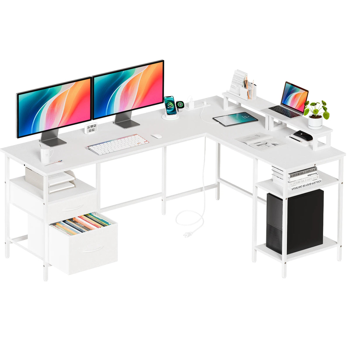 JHK L Shaped Computer Desk With Drawers And Shelves