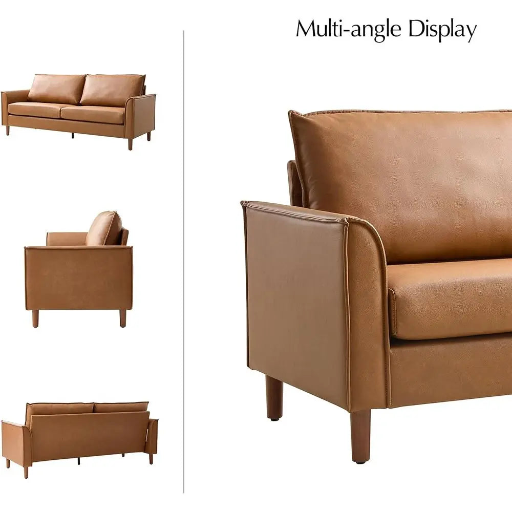 78" aux Leather Soa with Solid Wood Legs, -Century ern Leather Couch with Removable Backrest Cushion, Comy Upholstered 3-Seater