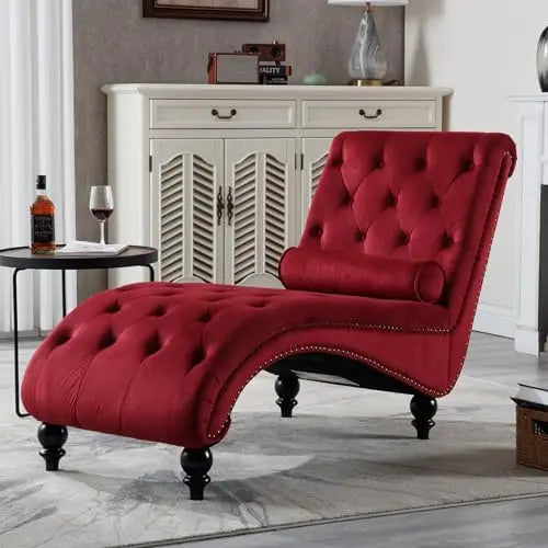 Velvet Chaise Lounge Chair Tufted Upholstered With Pillow Living Room