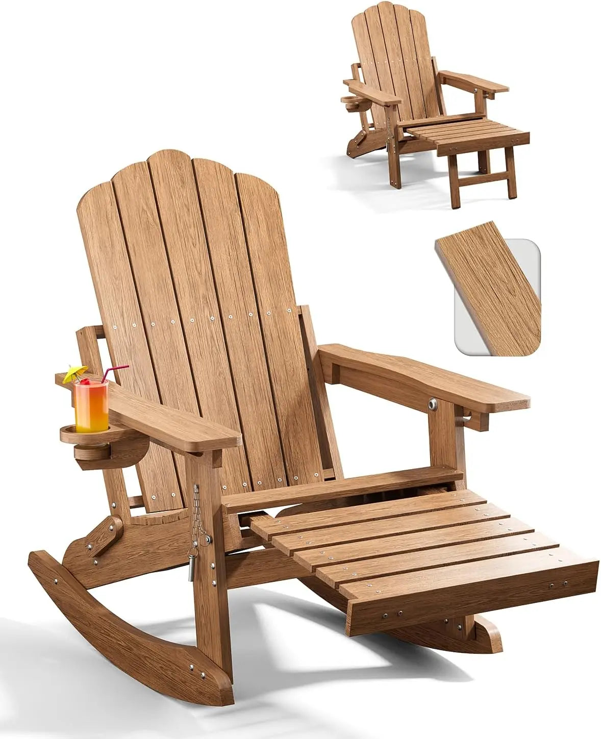 Adirondack Rocking Chairs With Retractable Ottoman And Cup Holders