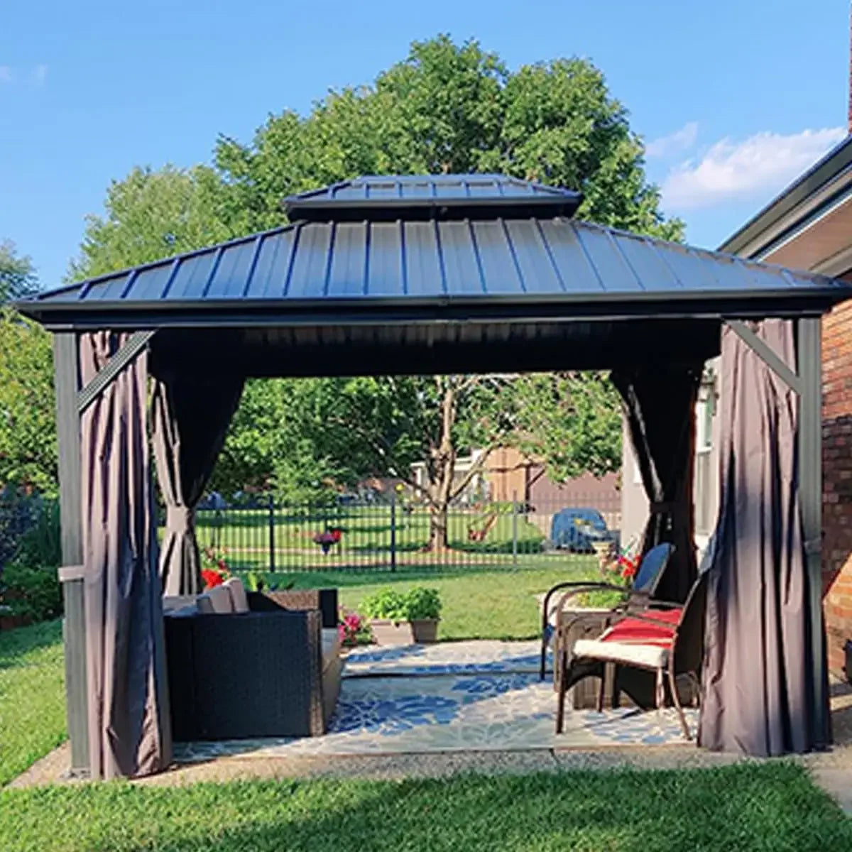 10x10FT, Aluminum Metal Gazebo with Galvanized Steel Double Roof Canopy, Curtain and Netting, Permanent Gazebo,Custom