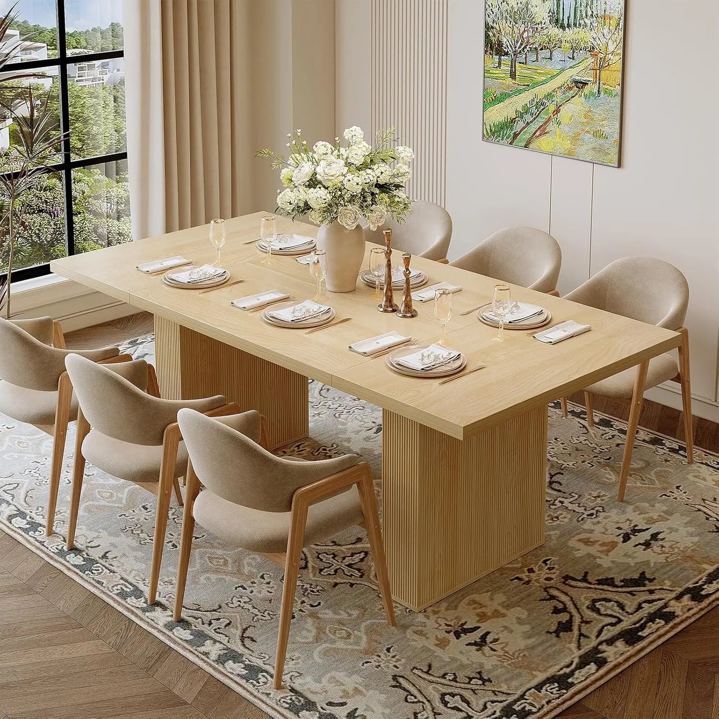 Rectangular Dining Table 78 Inch Modern Farmhouse Walnut Grooved Base