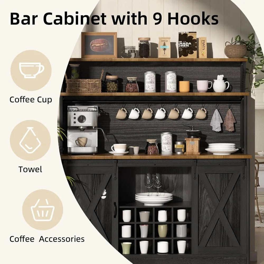 Farmhouse Coffee Bar Cabinet With Hutch And Sliding Barn Door