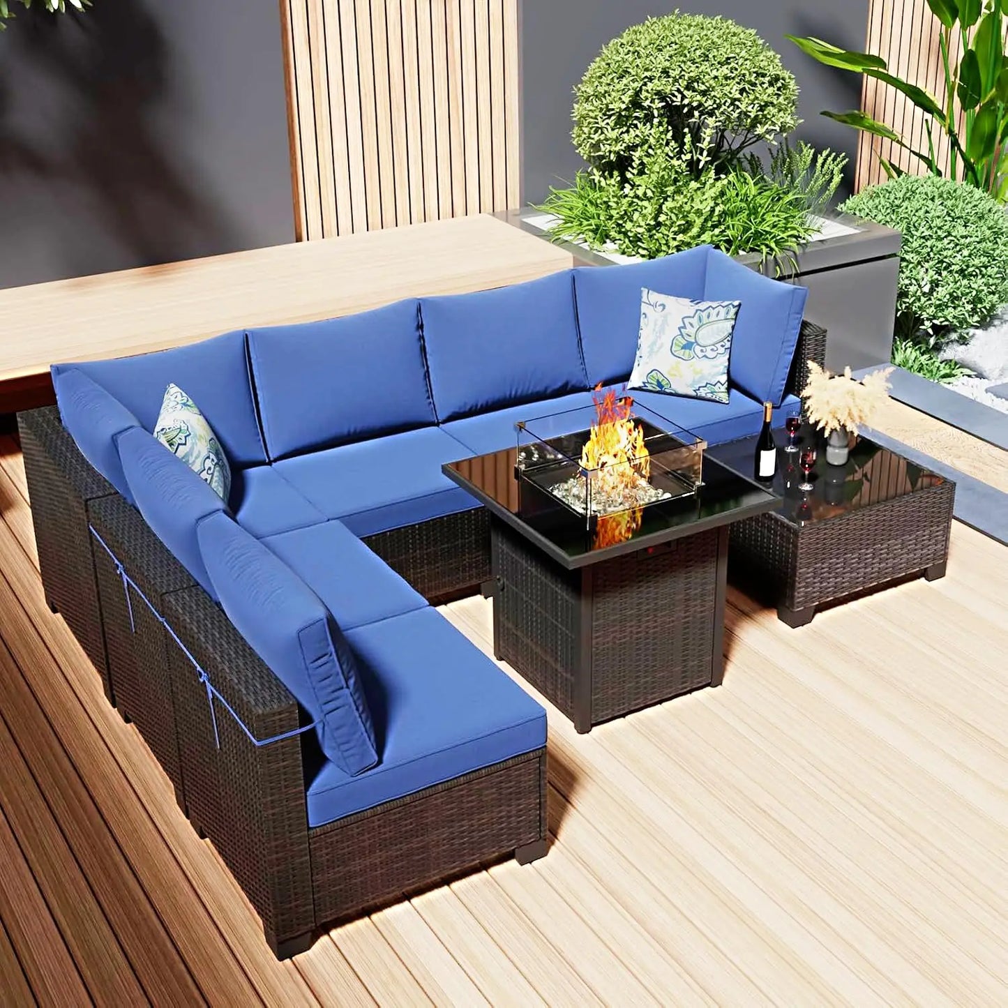 Durable Patio Furniture Set With Fire Pit Table Outdoor Rattan Sectional Sofa
