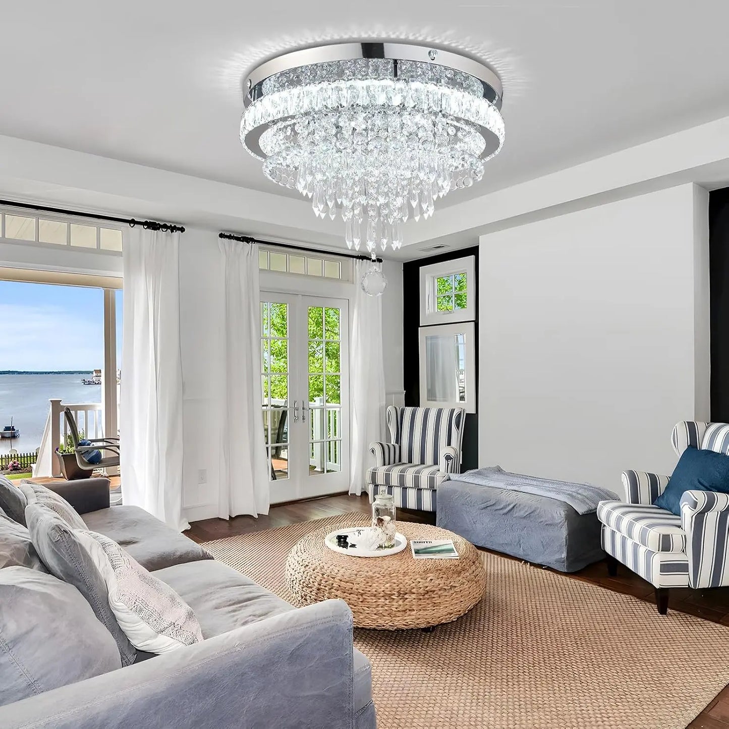 Frixchur Modern Crystal Flush Mount Chandelier Ceiling Light