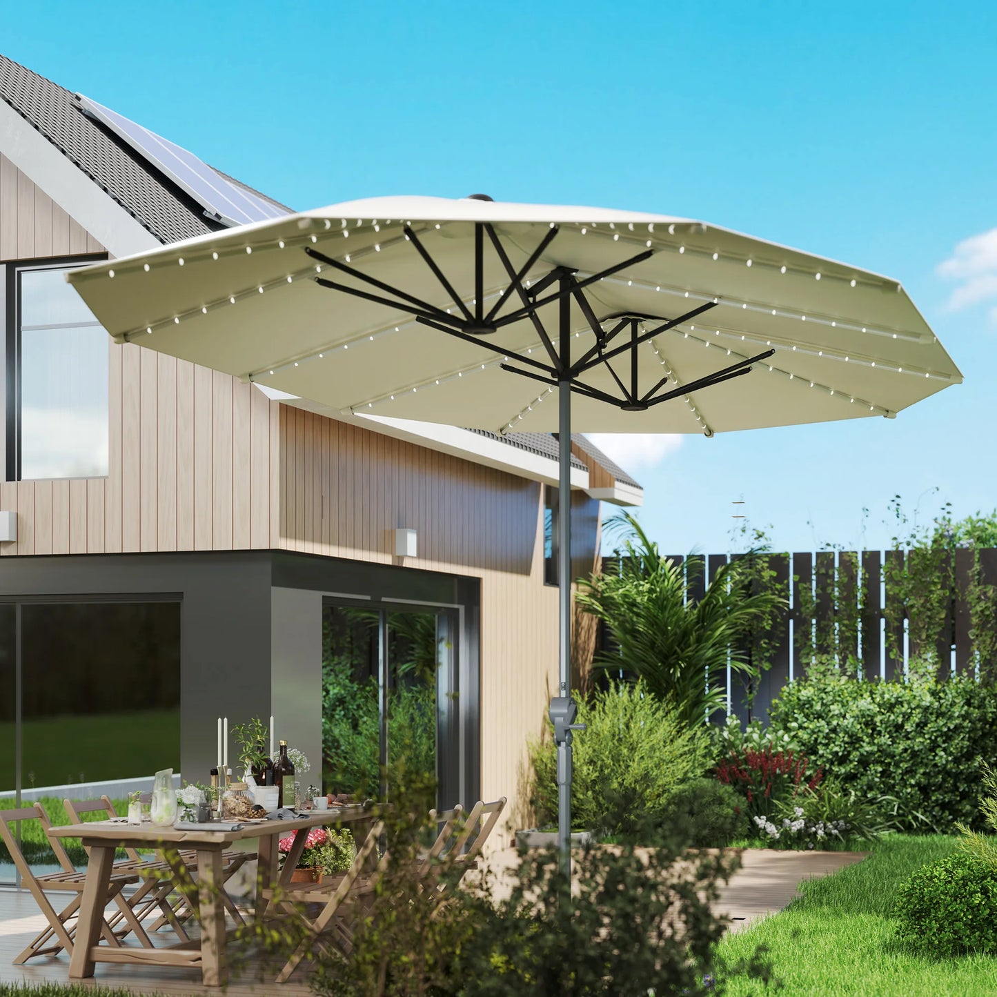 Outdoor Patio Umbrella With Built In Solar Lights UPF50Plus
