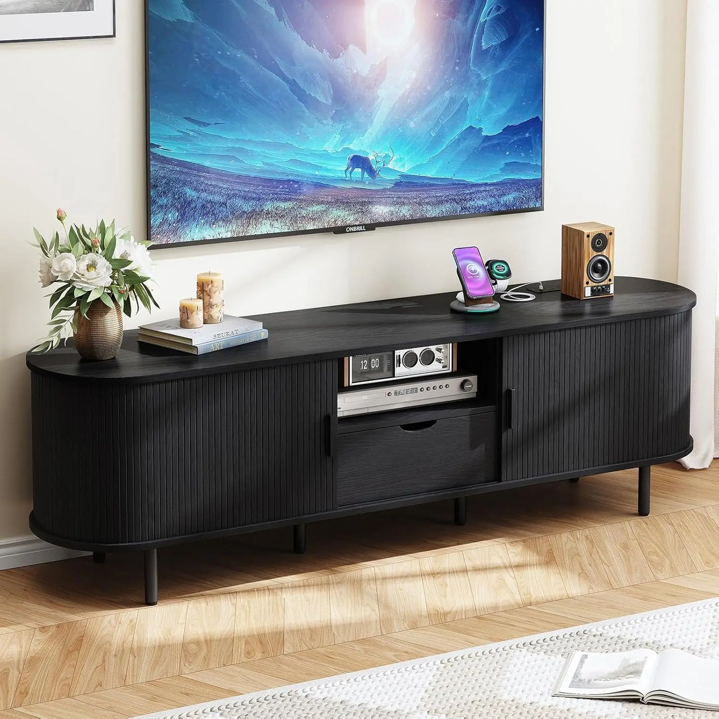 ONBRILL TV Stand With Power Outlet And Hidden Storage Space