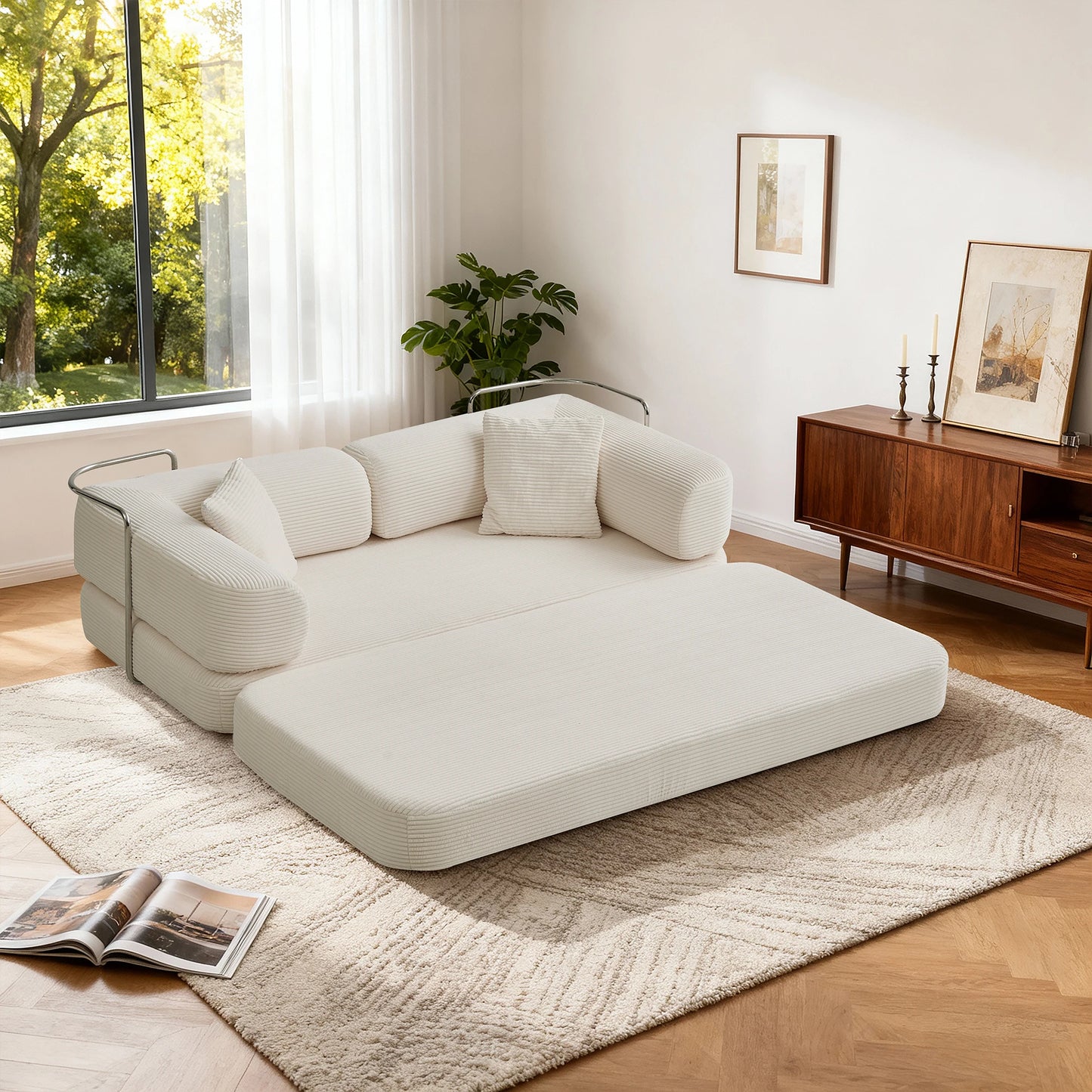 Convertible Futon Sofa Bed With L Shaped Armrests