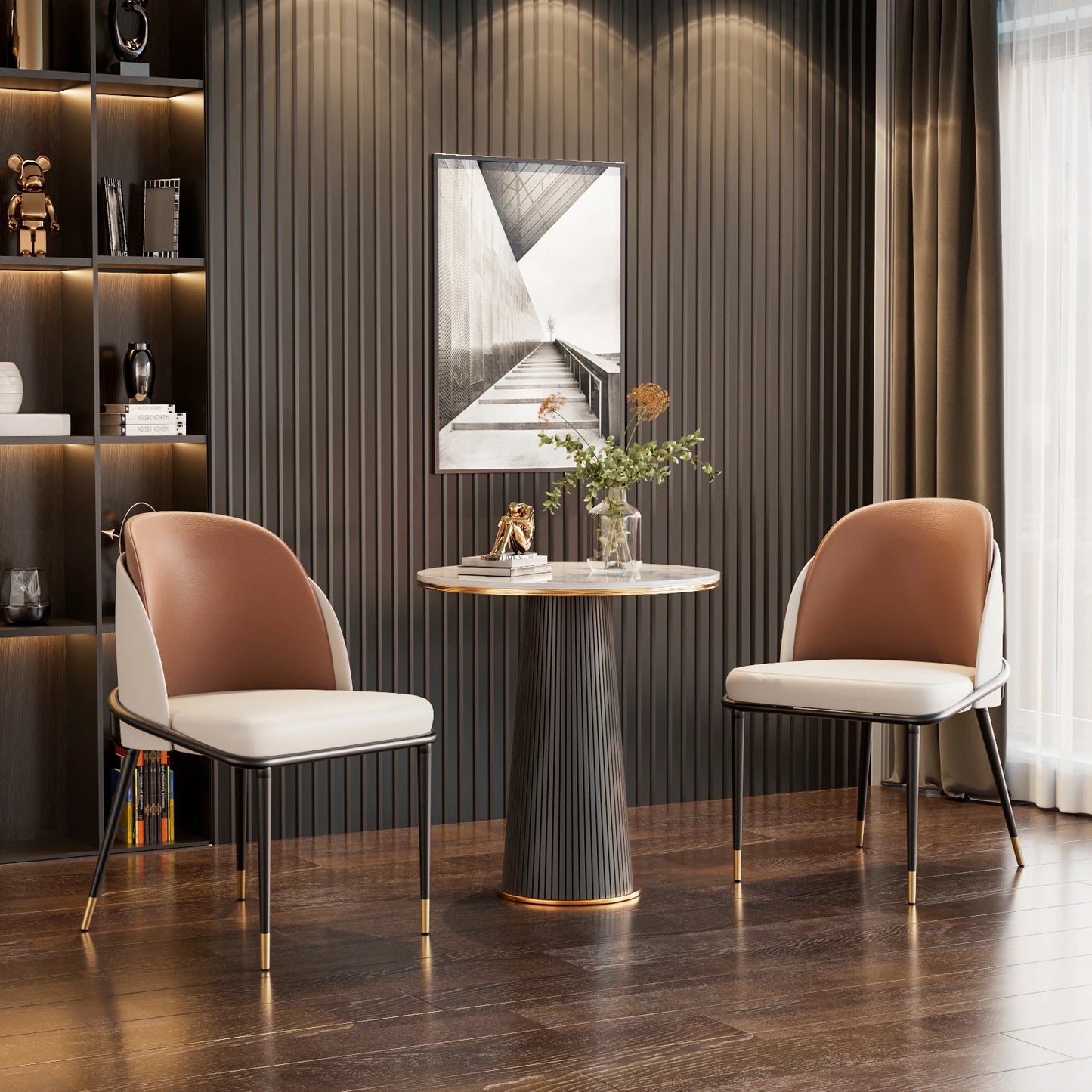 Two Faux Leather Upholstered Dining Chairs With Modern Wood Back