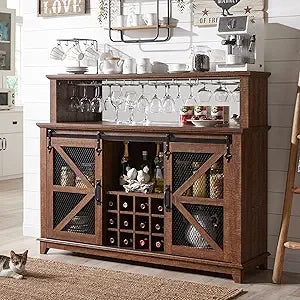 Farmhouse Coffee Bar Cabinet With Hutch And Sliding Barn Doors