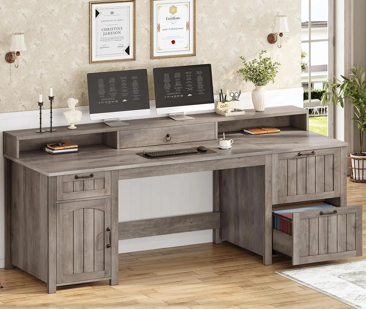 Farmhouse 63 Inch Executive Computer Desk With Drawers