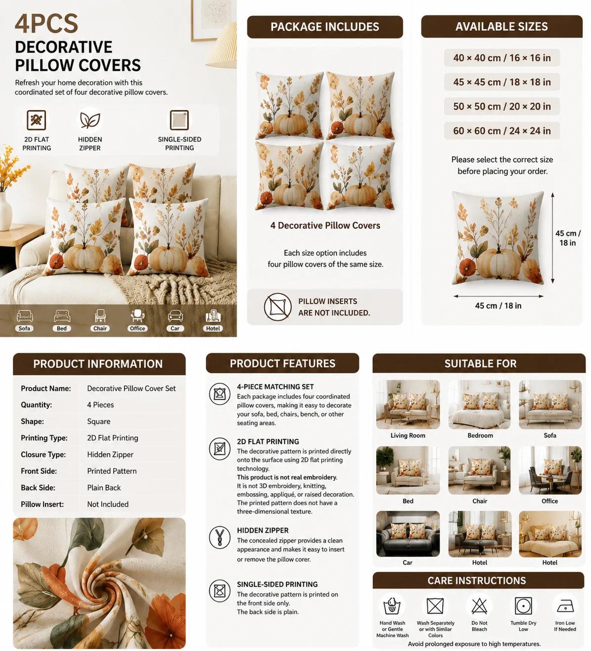4 Pc Boho Floral Polyester Throw Pillow Cover Set