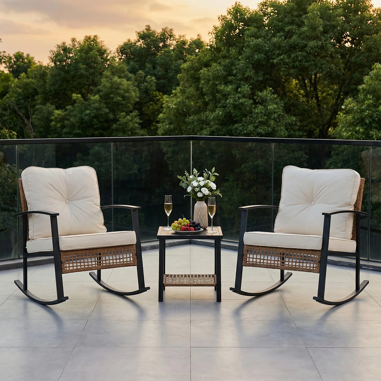 PIYRQ Rattan Rocking Chair Set Outdoor Patio Garden 3 Piece