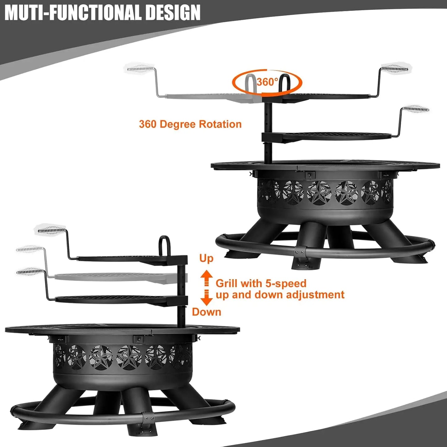 Outdoor Fire Pit With Grills Lid Large Round Metal