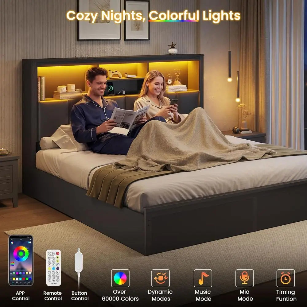 Upholstered Bed With Storage Drawers LED Lighting And Charging Station