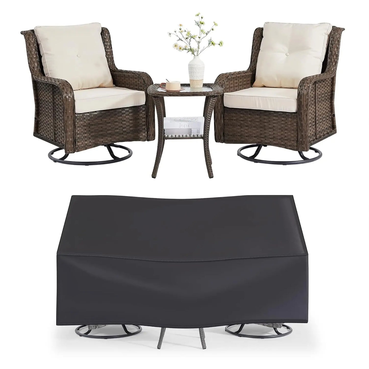 360 Degree Swivel Patio Set Wicker Rocking Chairs Side Table