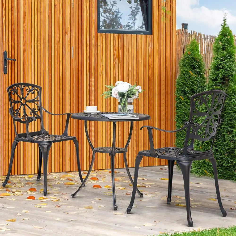 Bistro Set 3 Piece Outdoor All Weather Cast Patio Bistro Set Patio Table and Chairs Set o 2 with Umbrella Hole or Backyard, Balc