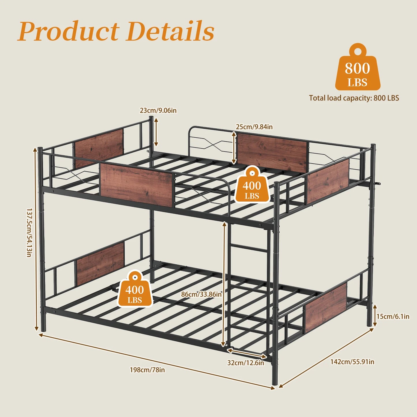 Detachable Metal Bunk Bed Frame With Ladder And Guardrail