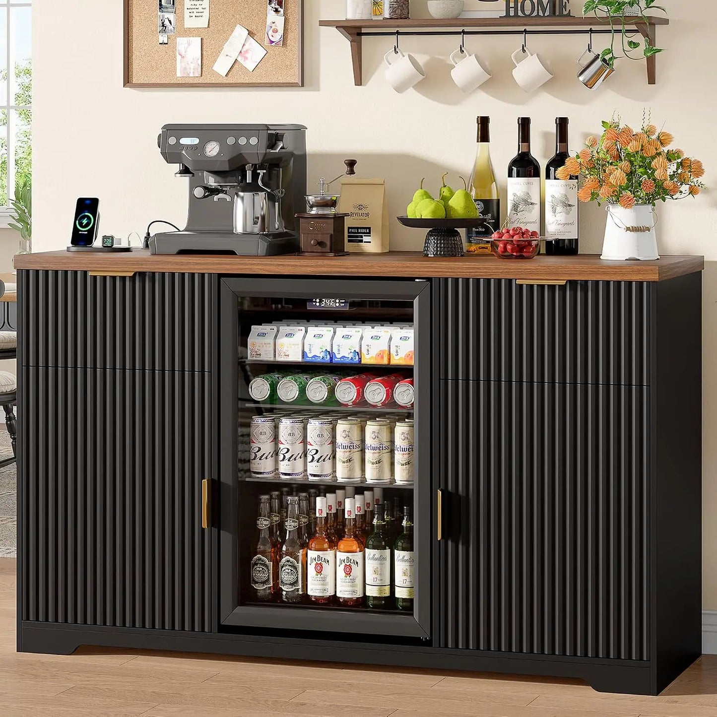 Wooden Coffee Bar Cabinet With Fridge Space And Charging Station