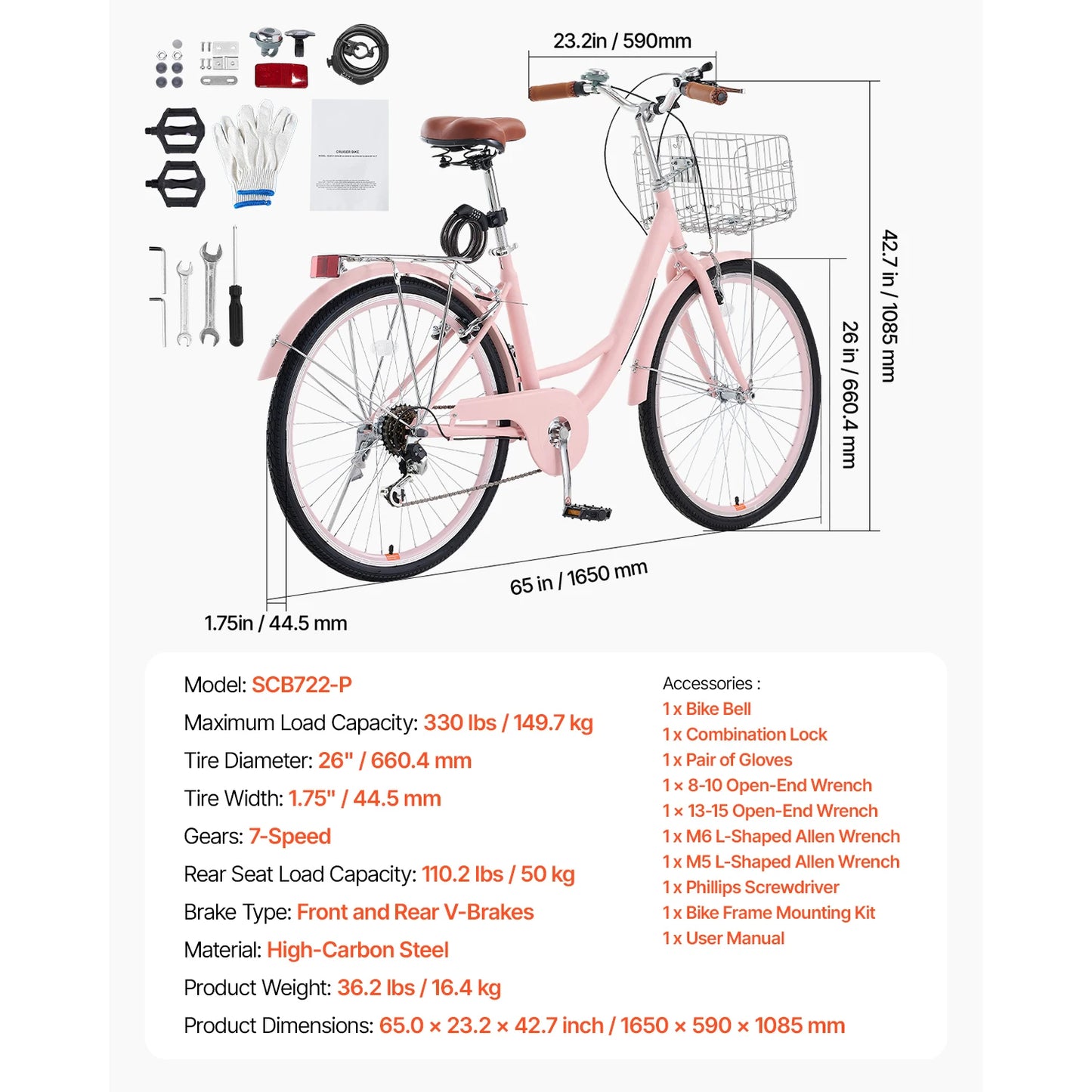 SucceBuy Cruiser Beach Bike With Basket And Rear Rack