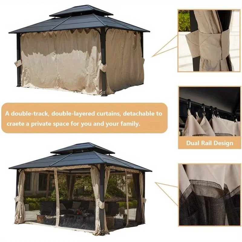 Outdoor Hardtop Gazebo Aluminum Patio Structure With Curtains Netting