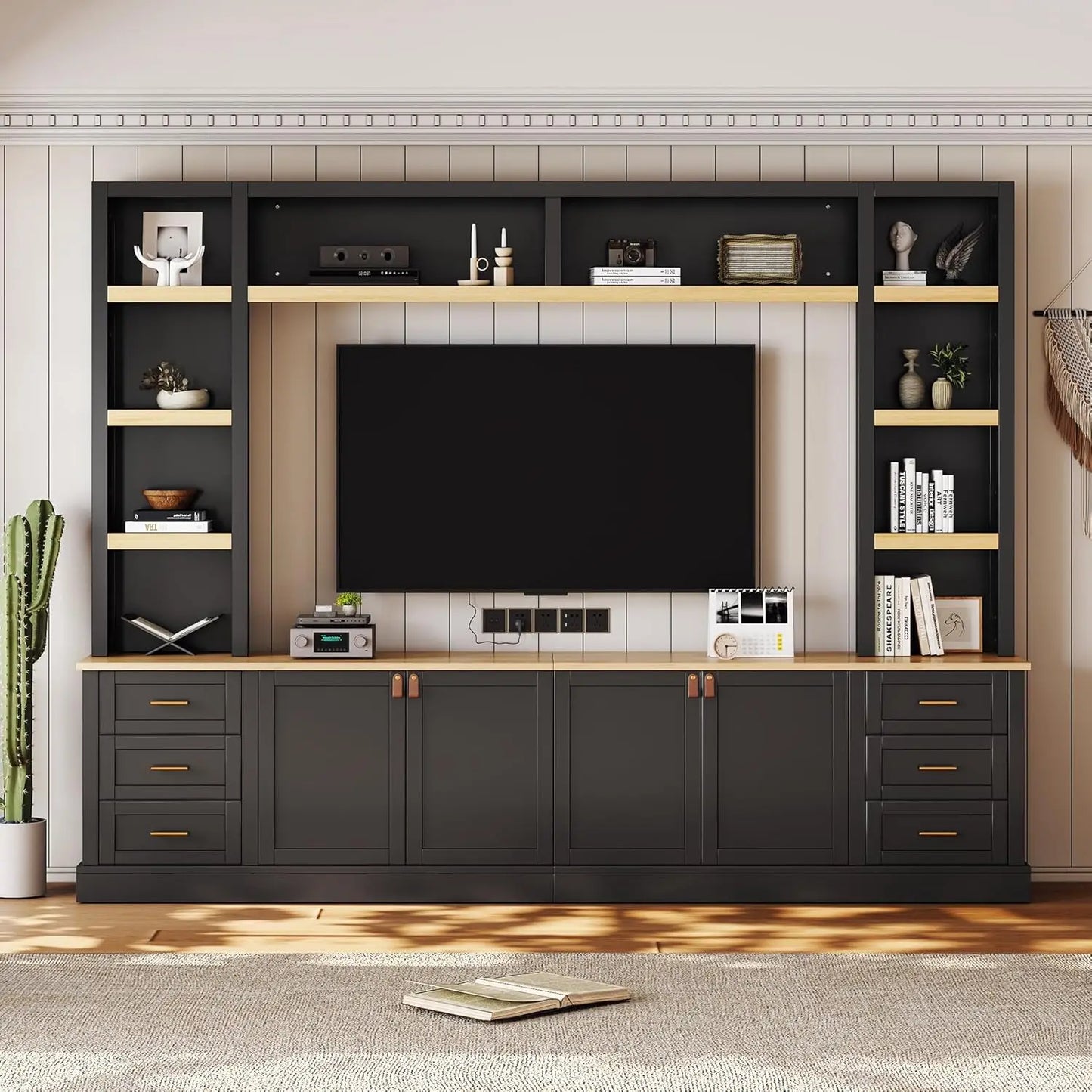 Farmhouse 4-Piece Entertainment Center With Bookshelves And Drawers