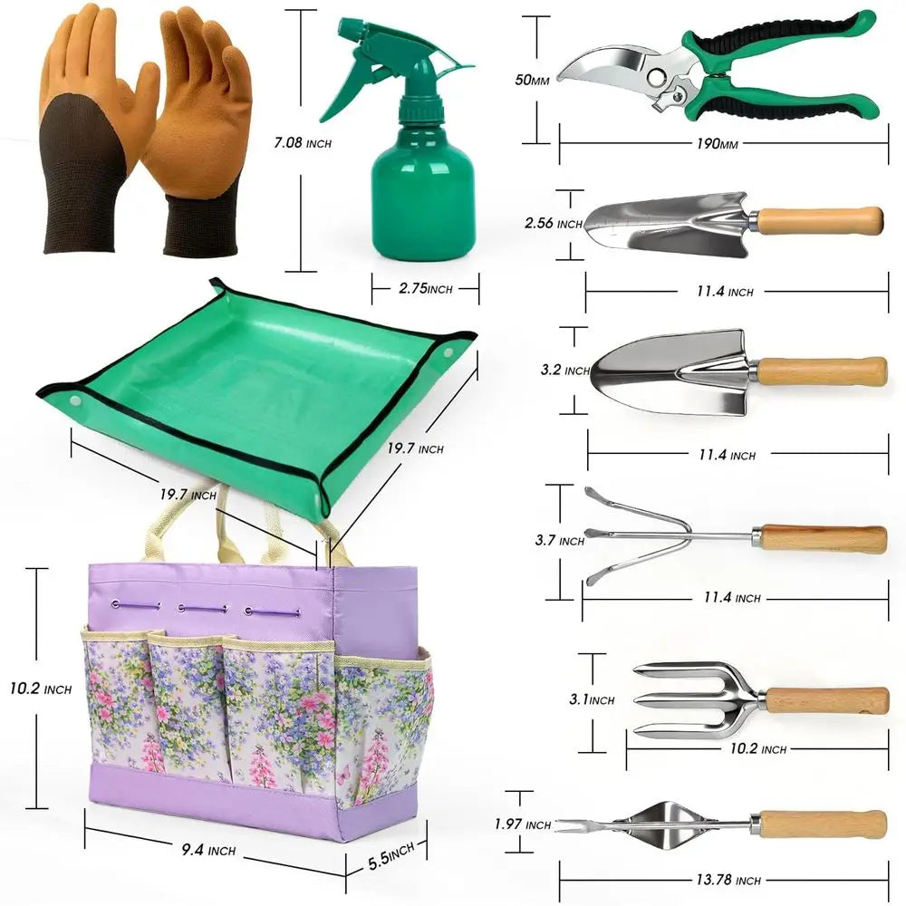 Garden Tool Set, 10 PCS Gardening Essentials, Stainless Steel Hand Tools with Tote Bag, Well-Designed Gardening Supplies Kit for