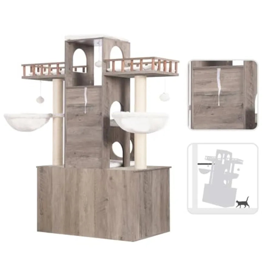Cat Tree with Litter Box Enclosure for Indoor Big Cat Cat Tower for Large Cats 20lbs Heavy Duty Modern Cat Condo Furniture with