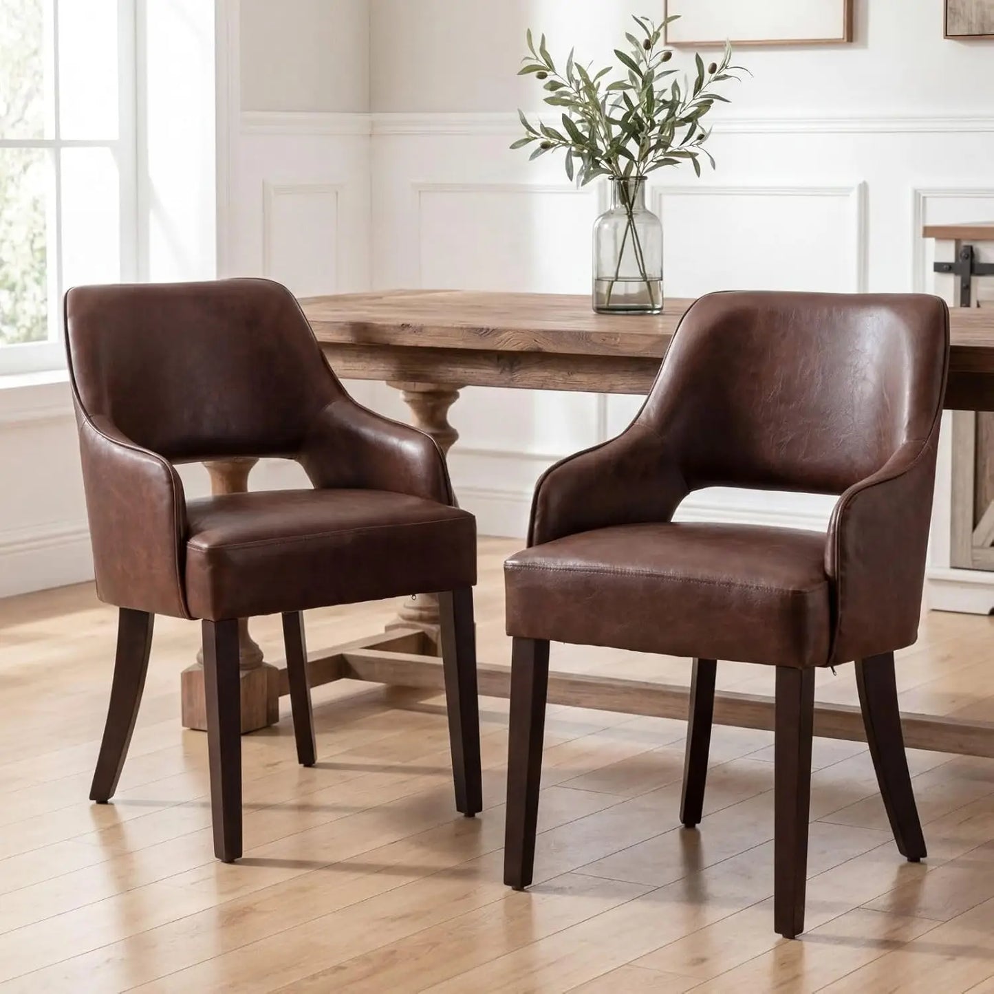 Farmhouse Linen Upholstered Dining Chairs With Arms Solid Wood Set