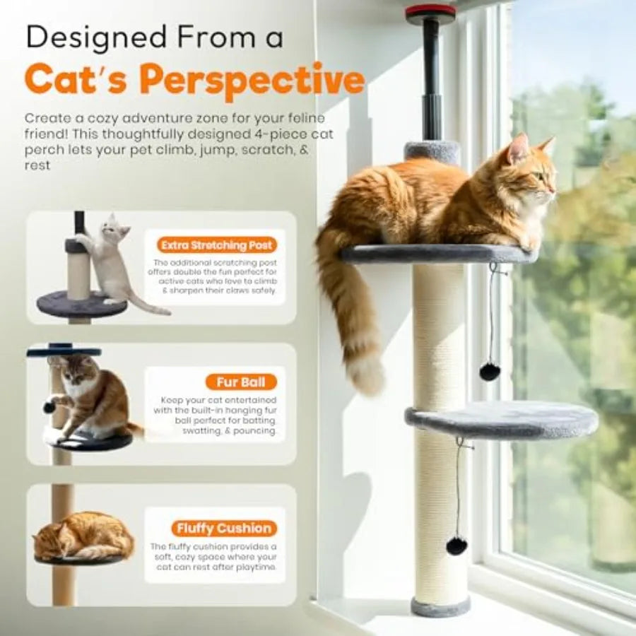 Adjustable Window Cat Tree for Indoor Cats Sturdy Window Sill Extender Seat in Brown Beige Large Cat Tower with Perch Shelf 104
