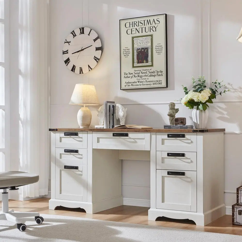 QWC Farmhouse Executive Desk With Drawers And Charging Station