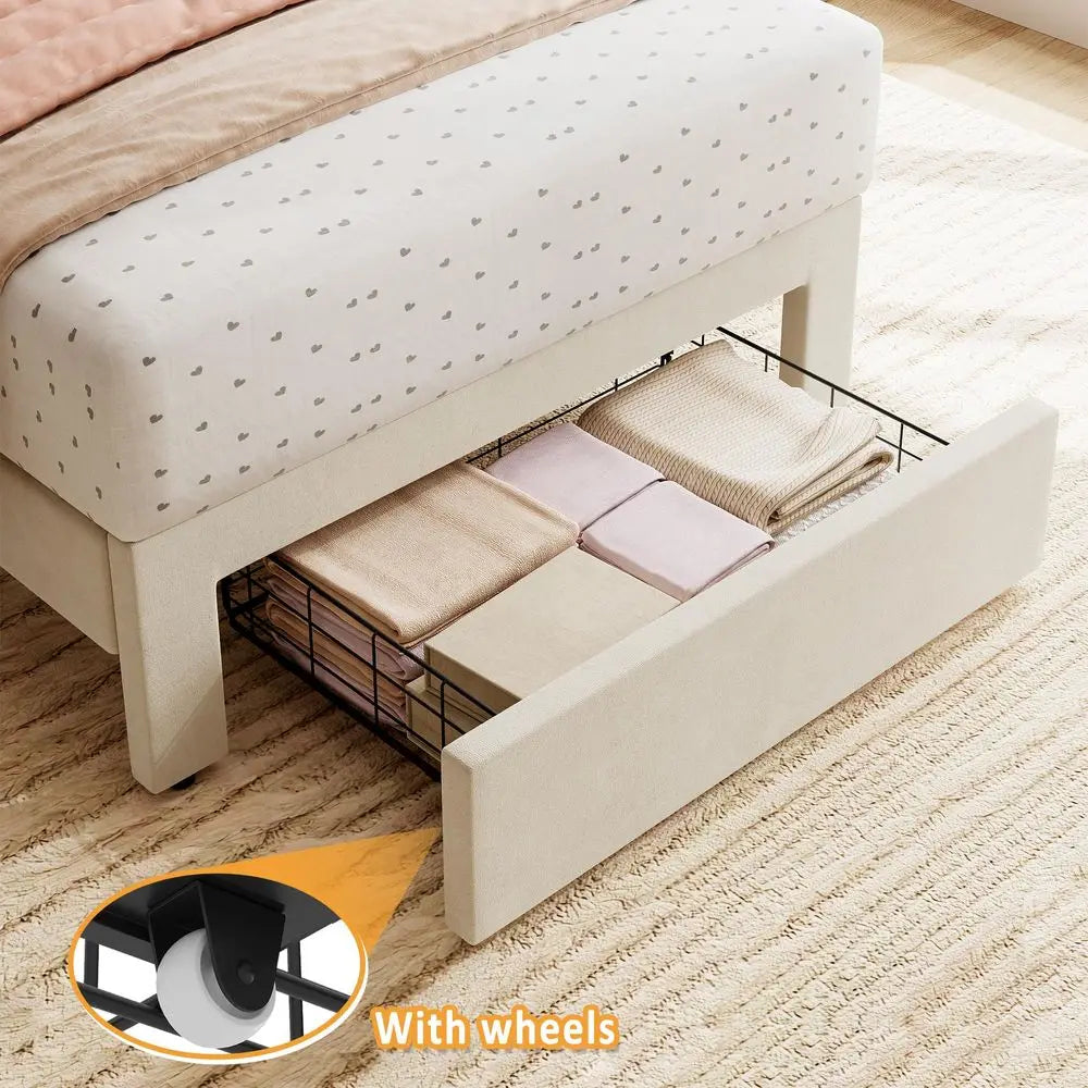 YTYIN Bed Frame With Underbed Drawers And Wave Headboard