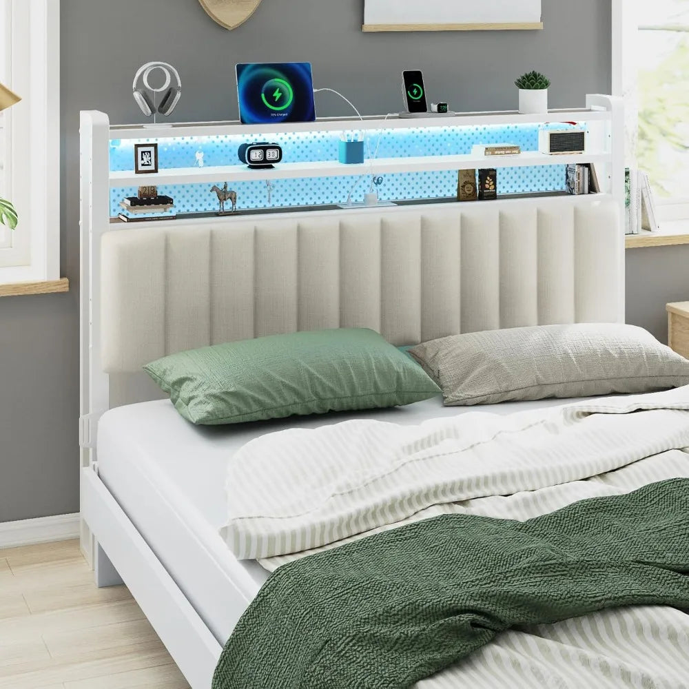 Adjustable Upholstered Headboard With Shelves Pegboard And LED