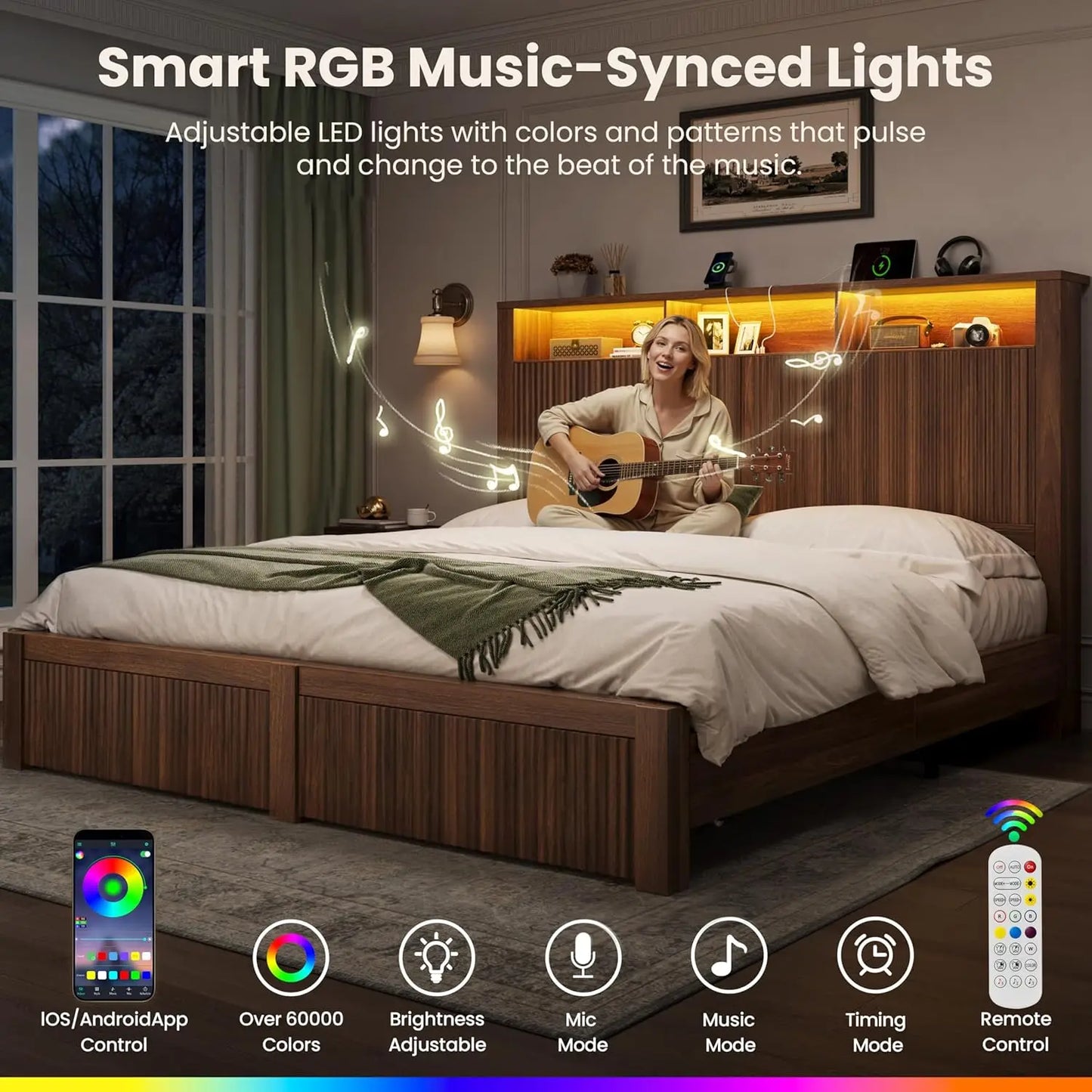 King Bed Frame With Headboard LED Storage Drawers USB