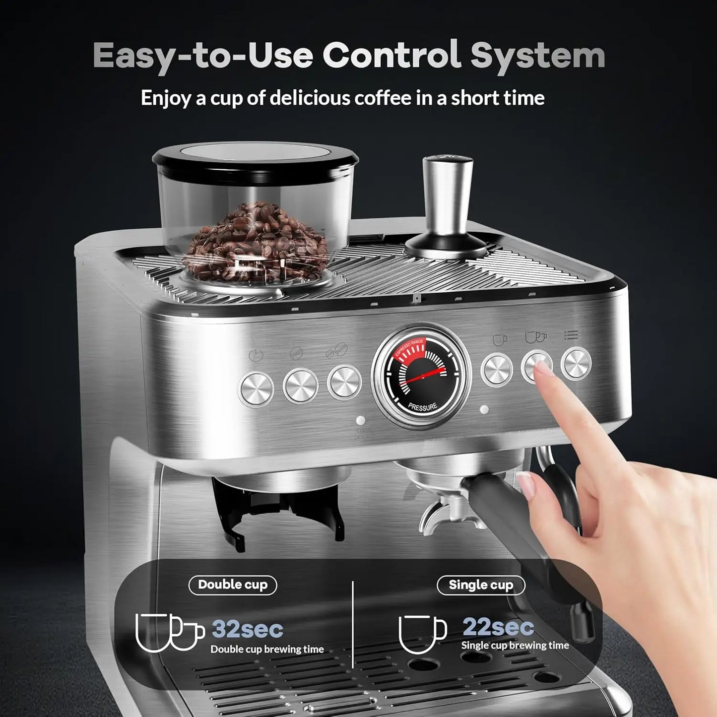 Acekool Espresso Machine With Grinder 20 Bar Semi Automatic