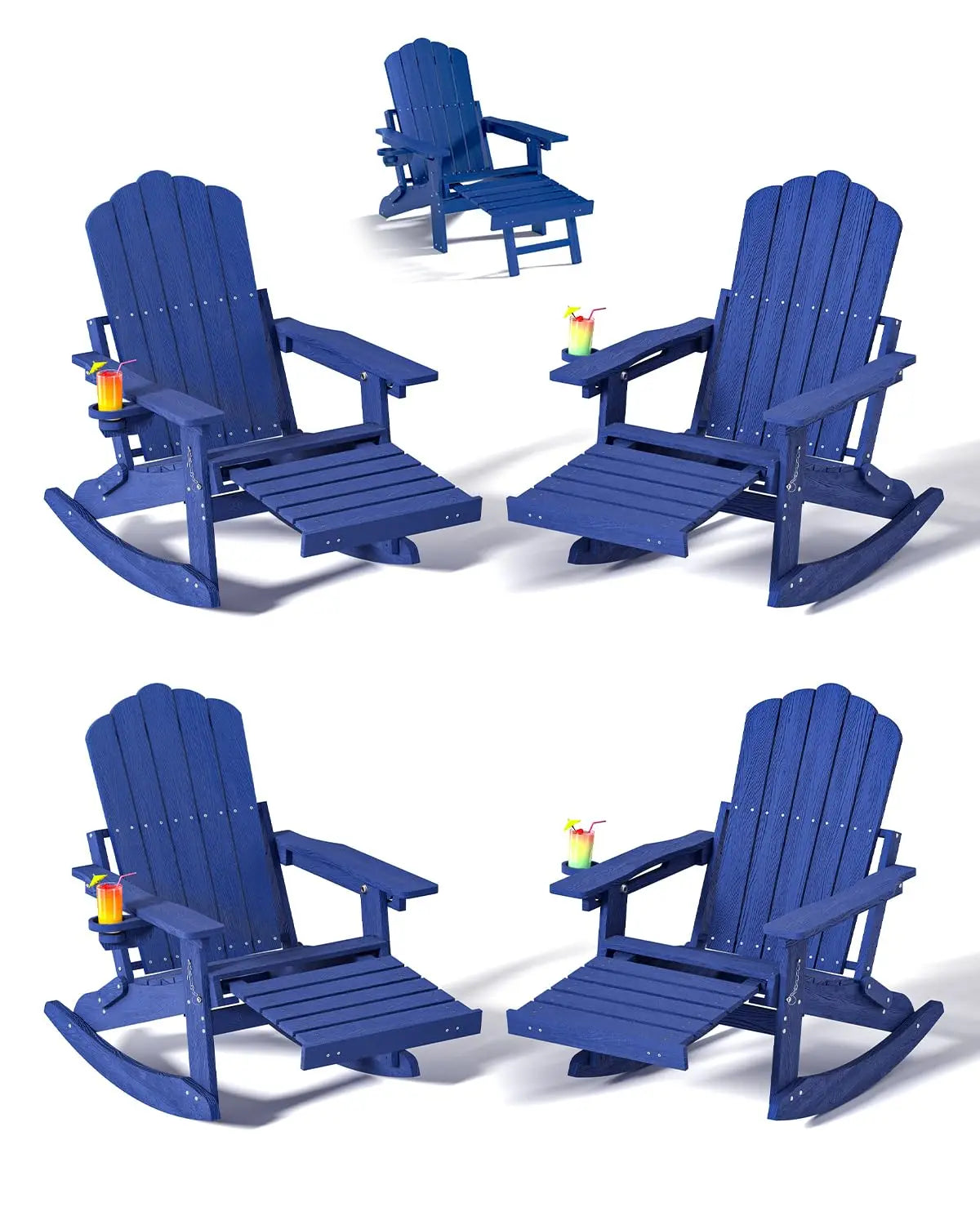 Folding Adirondack Rocking Chair with Retractable Ottoman & Cup Holder Patio Porch Lawn Outdoor Brown Set of 4, Custom
