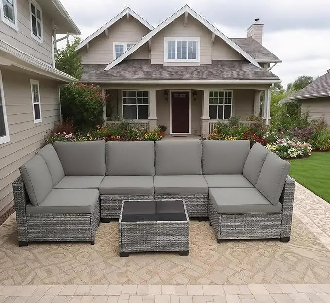 Outdoor Patio Furniture Set Rattan Wicker All Weather Sectional Sofa Glass Table