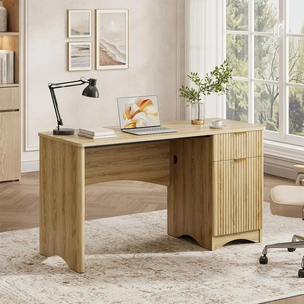 L Shaped Luted Computer Desk With Storage Cabinet Natural Oak