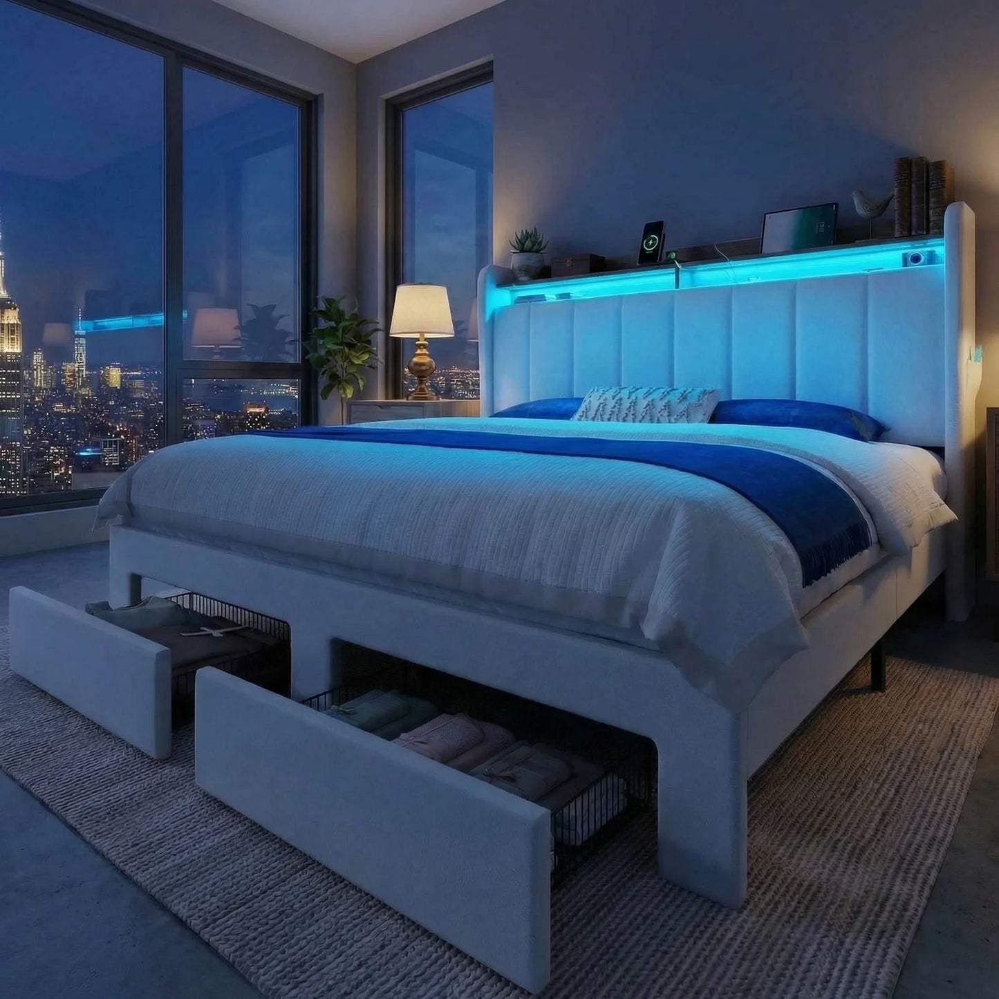 Hoomic Full Queen King Bed Frame With Storage Drawers Shelves Led Lights Charging Station