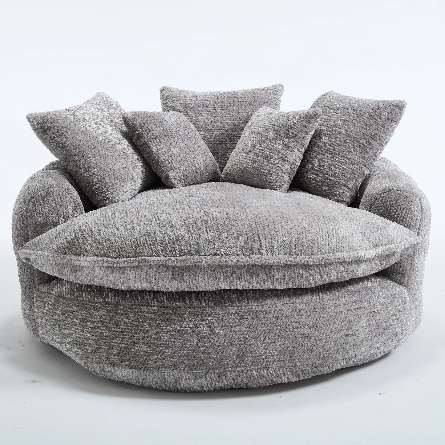 Round Chaise Lounge Chair Modern Upholstered With Five Throw Pillows