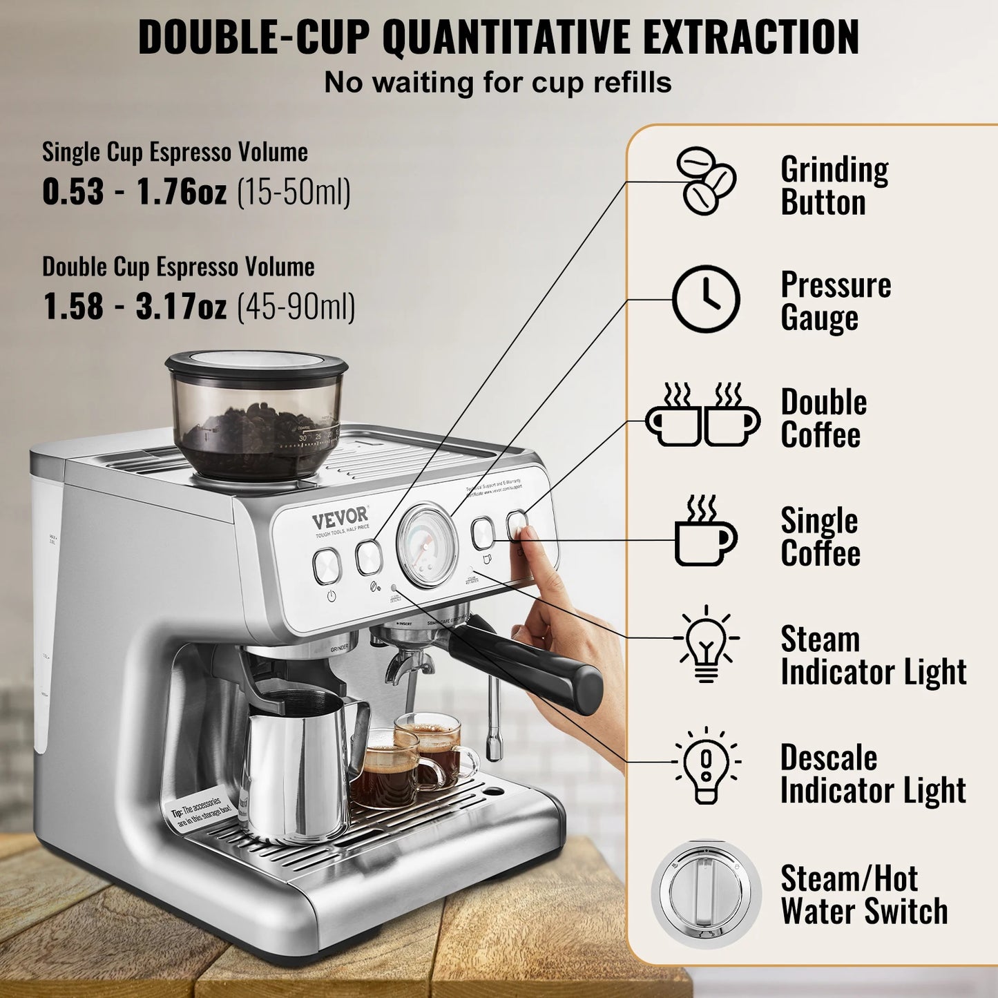 VEVOR Espresso Machine With Grinder 15 Bar Semi Automatic Milk Frother