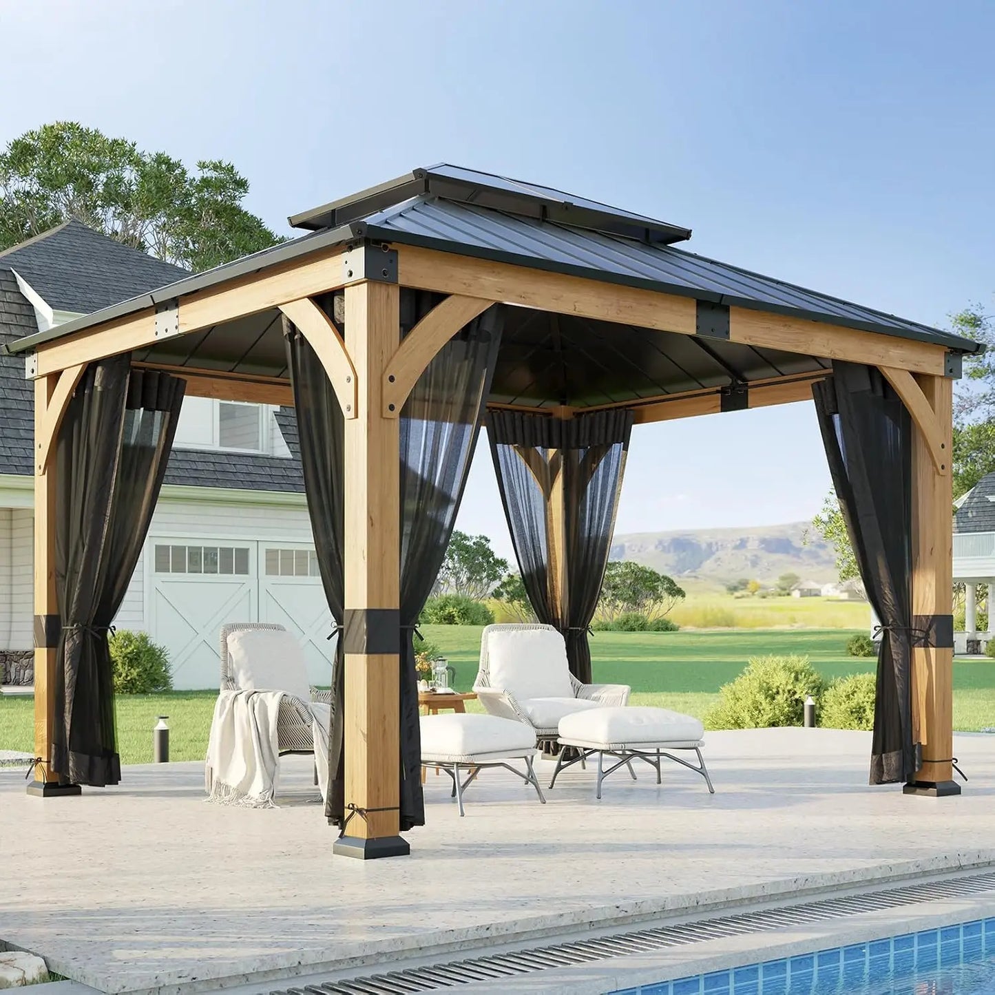 10x12ft Cedar Wood Hardtop Gazebo, Galvanized Steel Peak Roof, Snow & Wind Support for Outdoor Pavilion, Custom