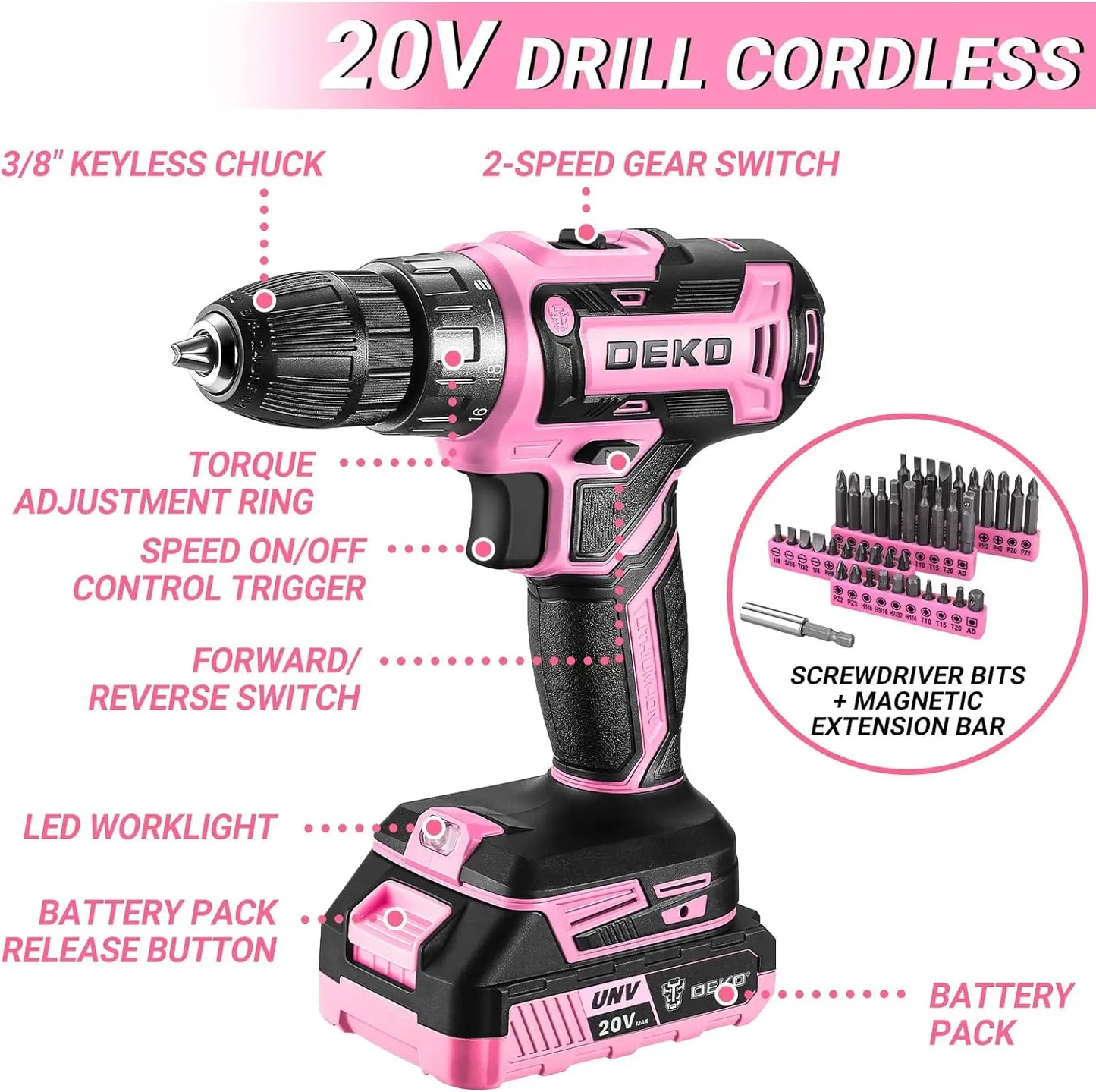 DeKo 20V Cordless Pink Drill Tool Kit With Battery