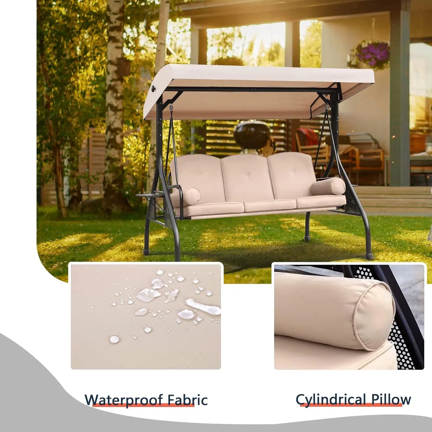 Patio Porch Swing With Adjustable Canopy And Cushion