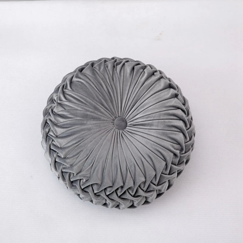 Round Velvet Throw Pillow With Pleated Design