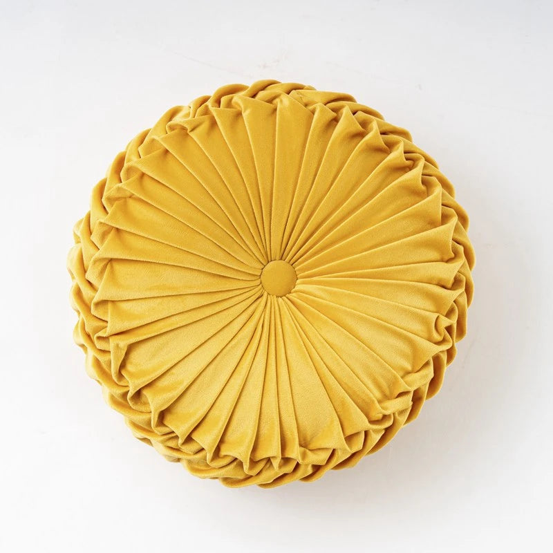 Round Velvet Throw Pillow With Pleated Design