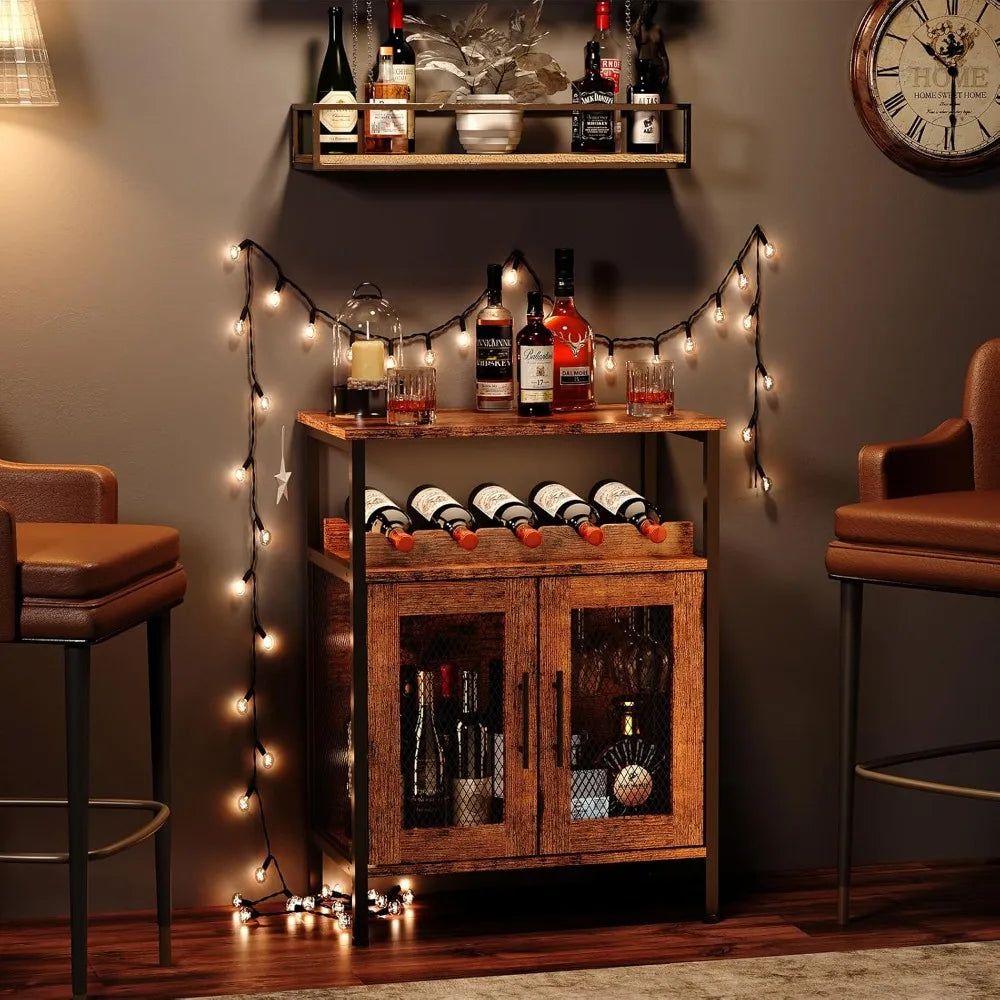 Rustic Wine Bar Cabinet With Detachable Rack And Glass Holder
