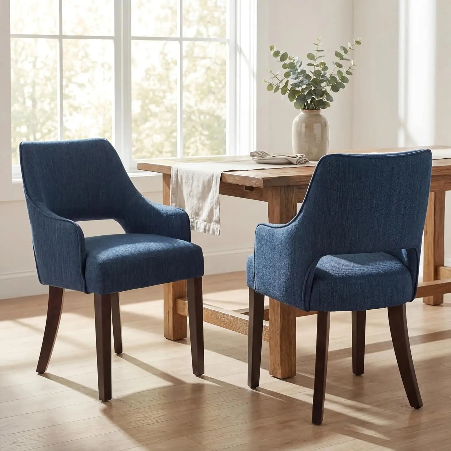 Farmhouse Linen Upholstered Dining Chairs With Arms Solid Wood Set